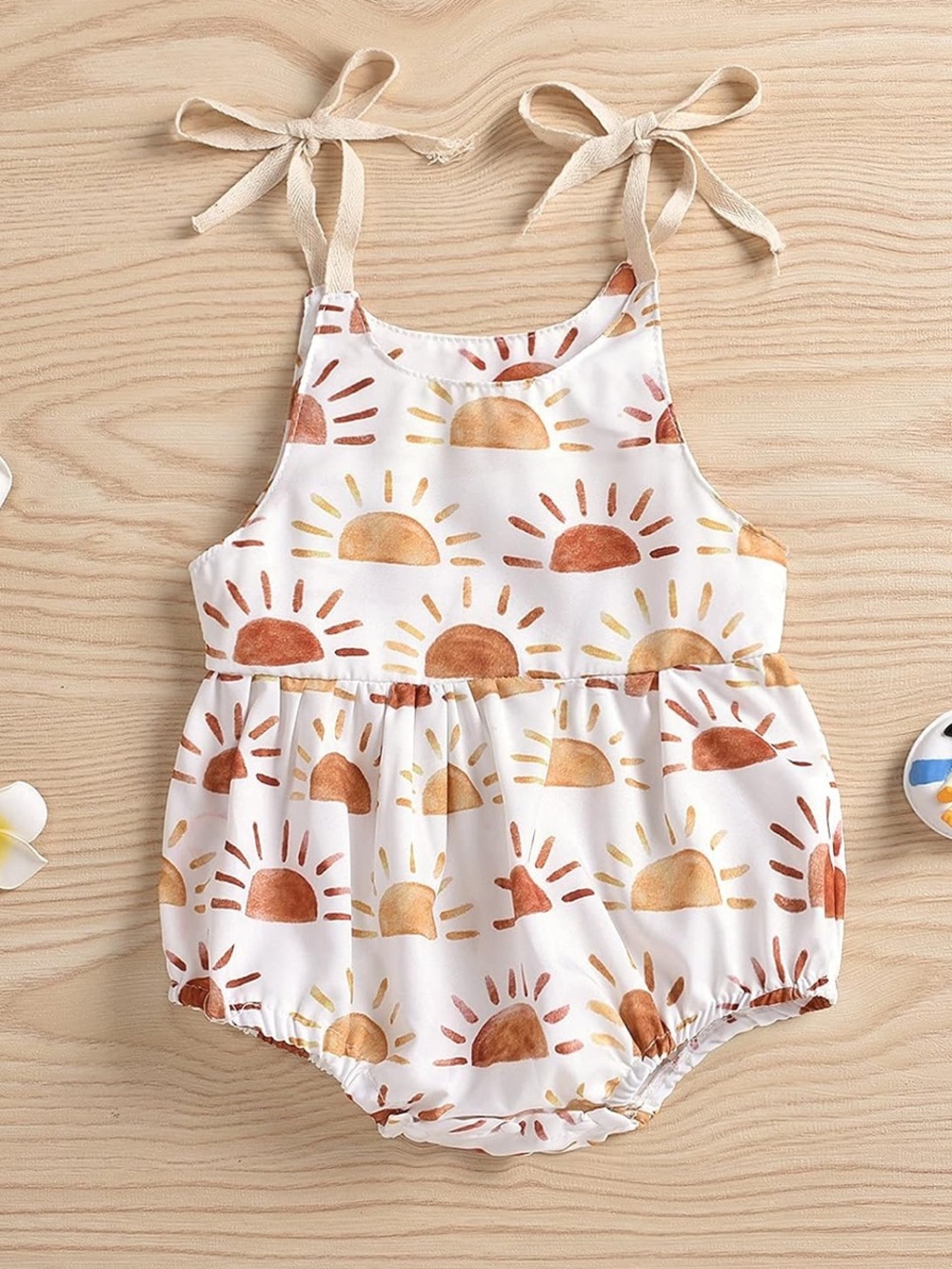 Baby Sun Print Tie-Strap Romper in White and Rust